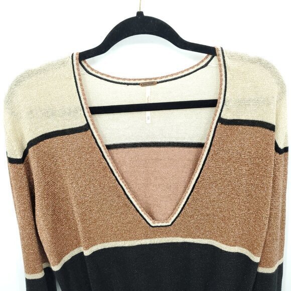 Free People Gold Dust Colorblock V-Neck Shimmer/Metallic Relaxed Fit Sweater XS - Picture 6 of 16